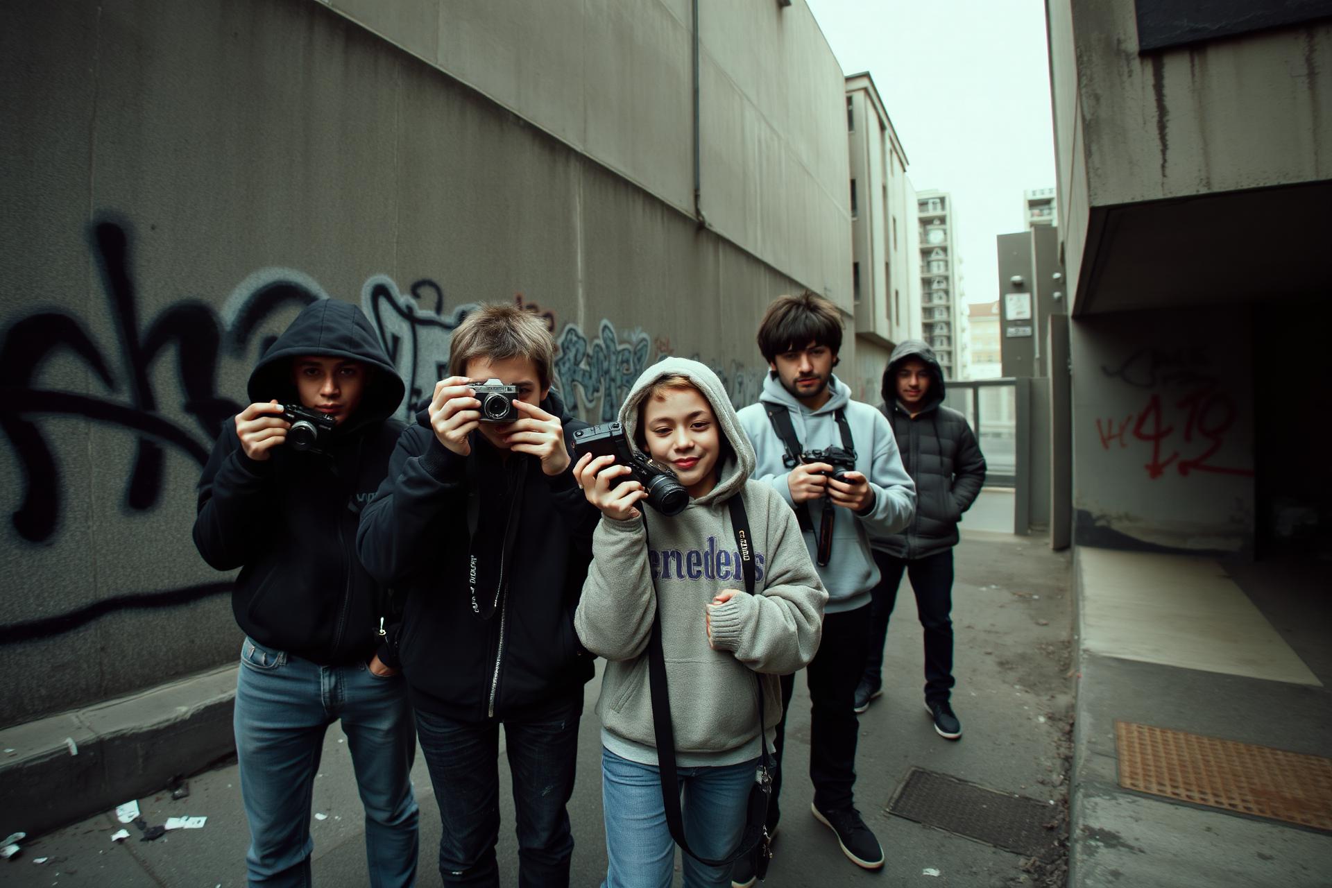 Brussels youth holding cameras in an alley
